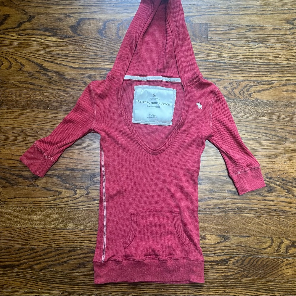 Vintage Abercrombie & Fitch Red Waffle Knit Fitted Hooded Henley Top